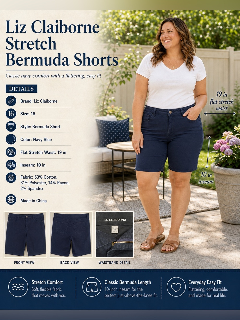 Liz Claiborne Navy Blue Stretch Bermuda Shorts 16